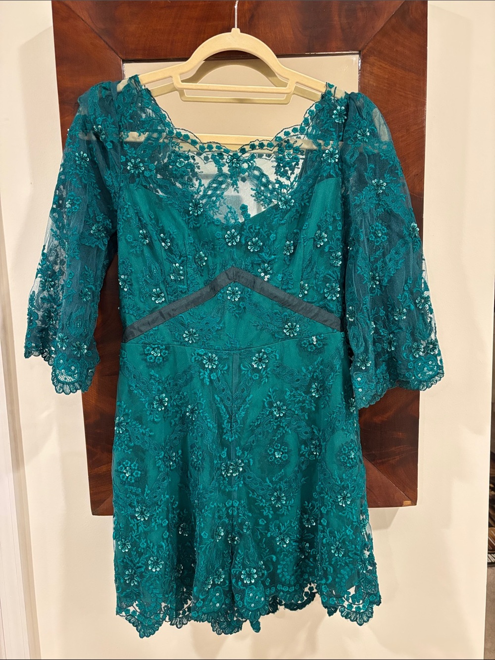 Free People Party emerald green lace, embroidered, sequined romper size 4